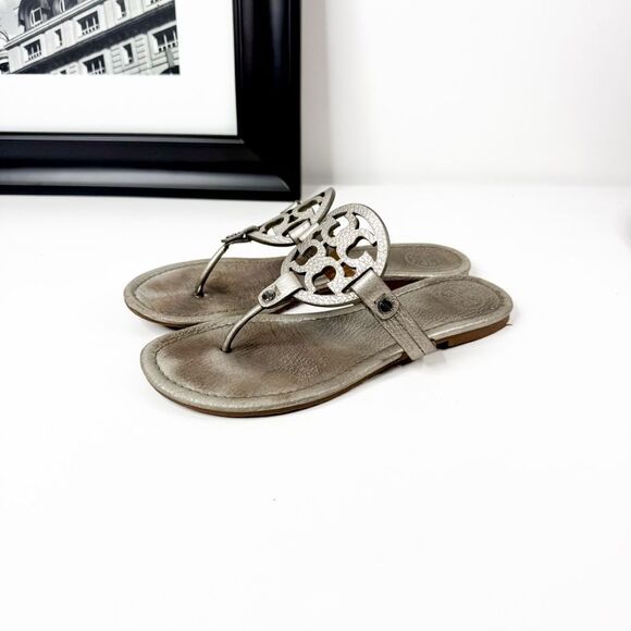 Tory Burch Miller Sandals Metallic Pewter Leather Made in Brazil Size 7.5 - Picture 1 of 9